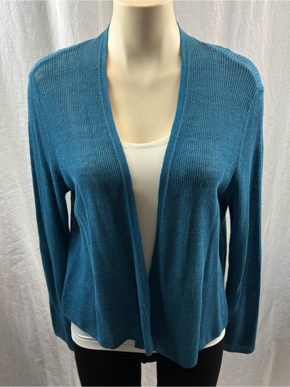 Eileen Fisher Teal Linen Cotton Blend Open-Front Ribbed Cardigan M